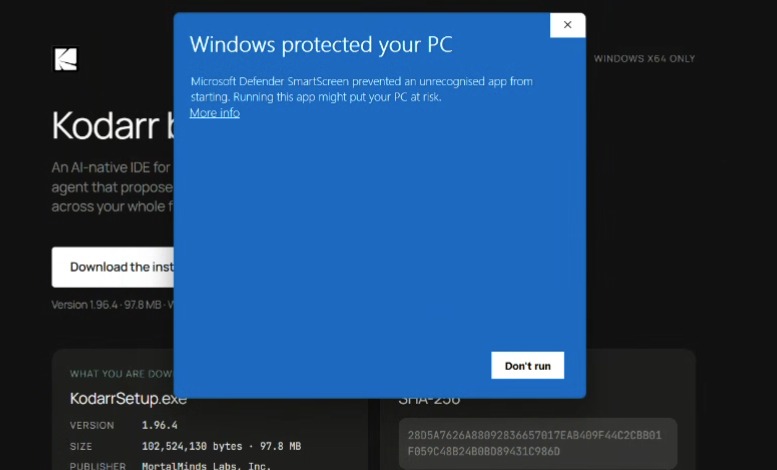 SmartScreen showing Windows protected your PC with a More info link