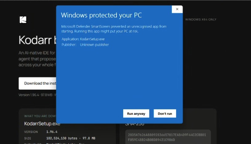 SmartScreen expanded, showing Unknown publisher and a Run anyway button